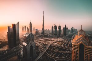 Sunrise shot of Downtown Dubai and Burj Khalifa.