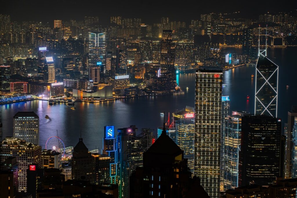 Vibrant cityscape with illuminated skyscrapers at night