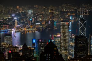 Vibrant cityscape with illuminated skyscrapers at night